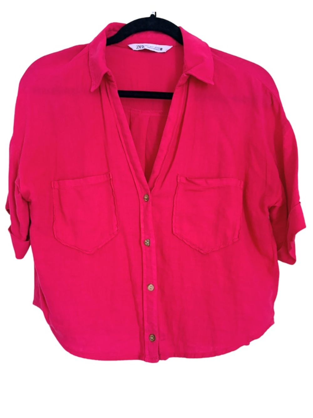Zara Fuchsia Linen Blend Button-Up Blouse Oversized Crop Top